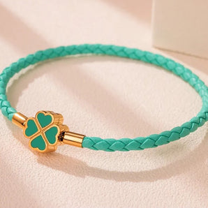 Teal Leather Clover Leaf Charm Bracelet www.urbanpizazz.co.uk