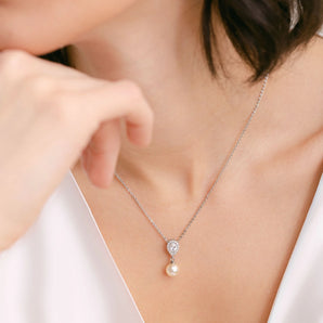 Teardrop Pearl and CZ Silver Necklace