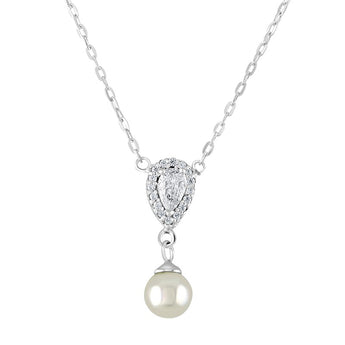 Teardrop Pearl and CZ Silver Necklace