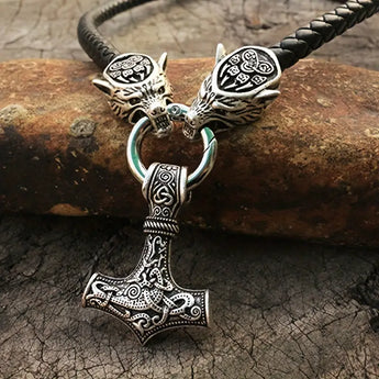 Norse Thor's Hammer and Viking Wolf Necklace