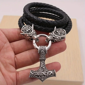 Norse Thor's Hammer and Viking Wolf Necklace