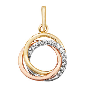 Three Tone 9ct Gold CZ Circle Pendant Necklace
