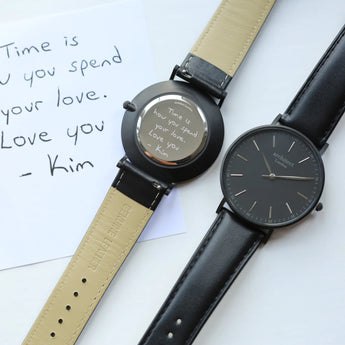 Men's Minimalist Watch With Jet Black Strap - Handwriting Engraving www.urbanpizazz.co.uk