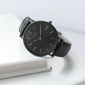 Men's Minimalist Watch With Jet Black Strap - Handwriting Engraving www.urbanpizazz.co.uk