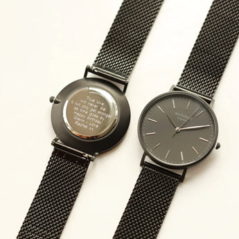 Men's Minimalist Watch With Pitch Black Mesh Strap - Modern Font Engraving www.urbanpizazz.co.uk