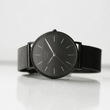 Men's Minimalist Watch With Pitch Black Mesh Strap - Modern Font Engraving www.urbanpizazz.co.uk