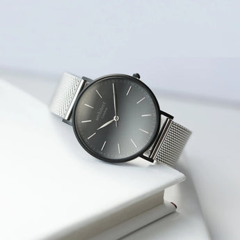 Men's Minimalist Watch With Steel Silver Mesh Strap - Modern Font Engraving www.urbanpizazz.co.uk