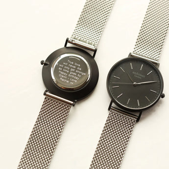 Men's Minimalist Watch With Steel Silver Mesh Strap - Modern Font Engraving www.urbanpizazz.co.uk