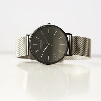 Men's Minimalist Watch With Steel Silver Mesh Strap - Modern Font Engraving www.urbanpizazz.co.uk