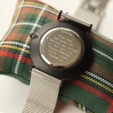 Men's Minimalist Watch With Steel Silver Mesh Strap - Modern Font Engraving www.urbanpizazz.co.uk