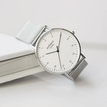 Men's Architect Zephyr - Steel Silver Mesh Strap - Modern Font Engraving www.urbanpizazz.co.uk