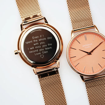 Ladies Architēct Coral - Modern Font Engraving + Rose Gold Mesh Strap www.urbanpizazz.co.uk