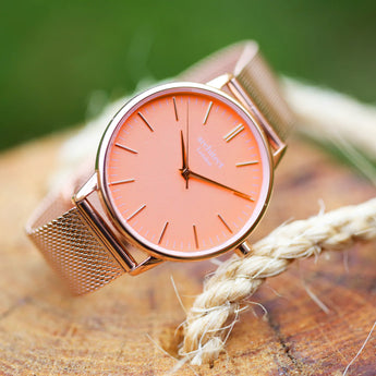 Ladies Architēct Coral - Modern Font Engraving + Rose Gold Mesh Strap www.urbanpizazz.co.uk