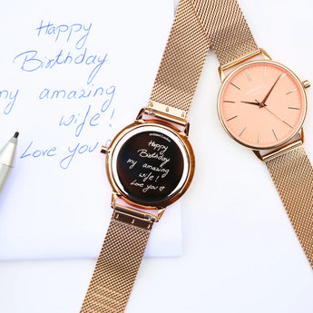 Ladies Architēct Coral - Handwriting Engraving + Rose Gold Mesh Strap www.urbanpizazz.co.uk