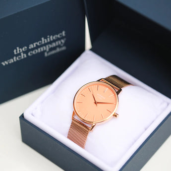 Ladies Architēct Coral - Handwriting Engraving + Rose Gold Mesh Strap www.urbanpizazz.co.uk