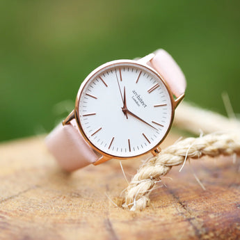 Ladies Architēct Blanc - Modern Font Engraving + Light Pink Strap www.urbanpizazz.co.uk