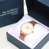 Ladies Architēct Blanc - Rose Gold Mesh Strap -  Modern Font Engraving www.urbanpizazz.co.uk