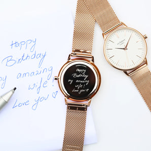 Ladies Architēct Blanc - Handwriting Engraving + Rose Gold Mesh Strap www.urbanpizazz.co.uk