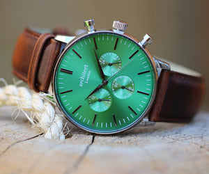 Men's Architect Motivator In Envy Green With Walnut Strap - Modern Font Engraving www.urbanpizazz.co.uk