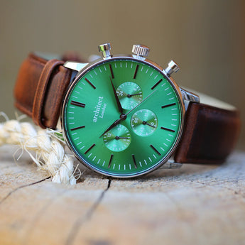 Men's Architect Motivator In Envy Green With Walnut Strap - Modern Font Engraving www.urbanpizazz.co.uk