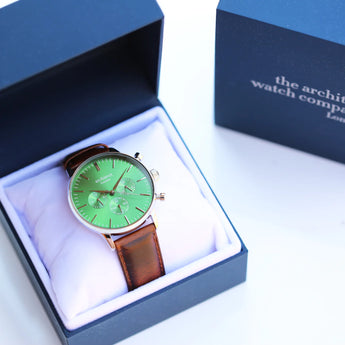 Men's Architect Motivator In Envy Green With Walnut Strap - Modern Font Engraving www.urbanpizazz.co.uk