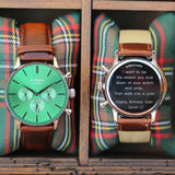 Men's Architect Motivator In Envy Green With Walnut Strap - Modern Font Engraving www.urbanpizazz.co.uk