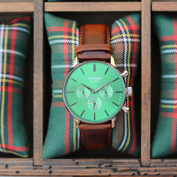 Men's Architect Motivator In Envy Green With Walnut Strap - Modern Font Engraving www.urbanpizazz.co.uk