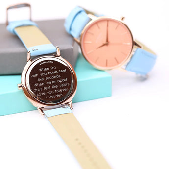 Ladies Architēct Coral - Modern Font Engraving + Light Blue Strap www.urbanpizazz.co.uk