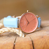 Ladies Architēct Coral - Modern Font Engraving + Light Blue Strap www.urbanpizazz.co.uk