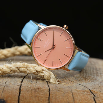 Ladies Architēct Coral - Modern Font Engraving + Light Blue Strap www.urbanpizazz.co.uk