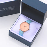 Ladies Architēct Coral - Modern Font Engraving + Light Blue Strap www.urbanpizazz.co.uk