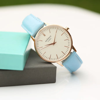 Ladies Architēct Blanc - Handwriting Engraving + Light Blue Strap www.urbanpizazz.co.uk