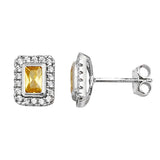 Yellow Topaz Cubic Zirconia Silver Rectangle Halo Studs