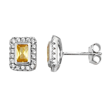 Yellow Topaz Cubic Zirconia Silver Rectangle Halo Studs