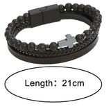 Men's Leather Bracelet in Black with Silver coloured cross