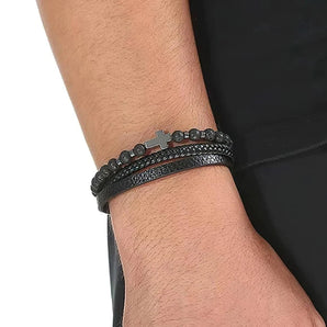 Men's Leather Bracelet in Black with Silver coloured cross www.urbanpizazz.co.uk