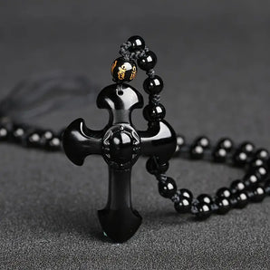 Black Obsidian Mala Amulet Cross Pendant