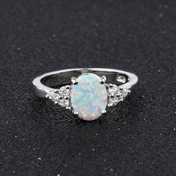 Oval Opal and Cubic Zirconia Silver Ring