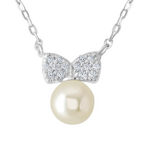 Pearl and Cubic Zirconia Silver Bow Necklace
