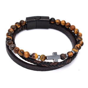 Men's Leather Bracelet in Black and Brown with Tigers Eye Beads www.urbanpizazz.co.uk