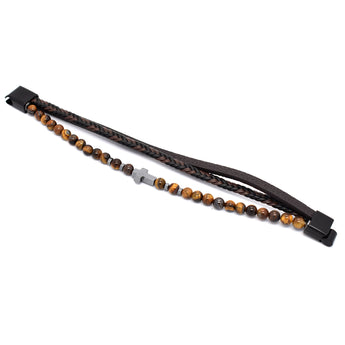 Men's Leather Bracelet in Black and Brown with Tigers Eye Beads