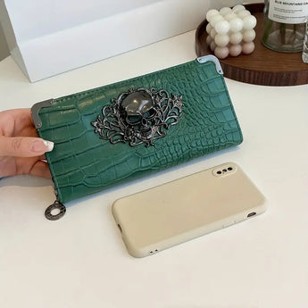 Dark Green Regal Chic Skull and Crocodile Print Purse