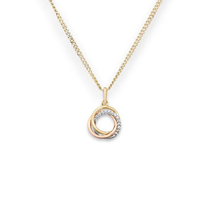 Three Tone 9ct Gold CZ Circle Pendant Necklace