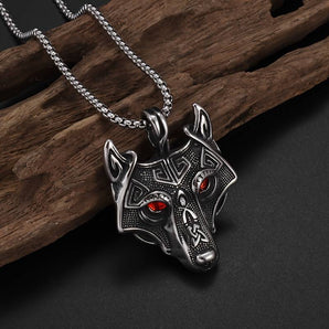 Red Eyes Viking Wolf Pendant Necklace